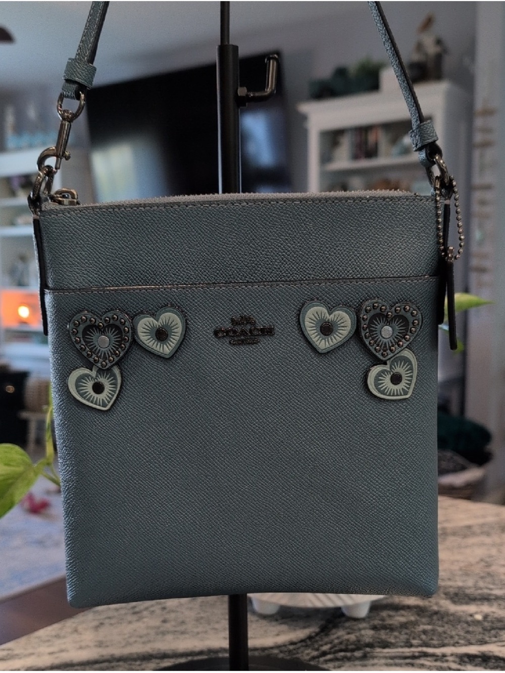 RARE Coach Light Blue Heart Embellished Crossbody Bag